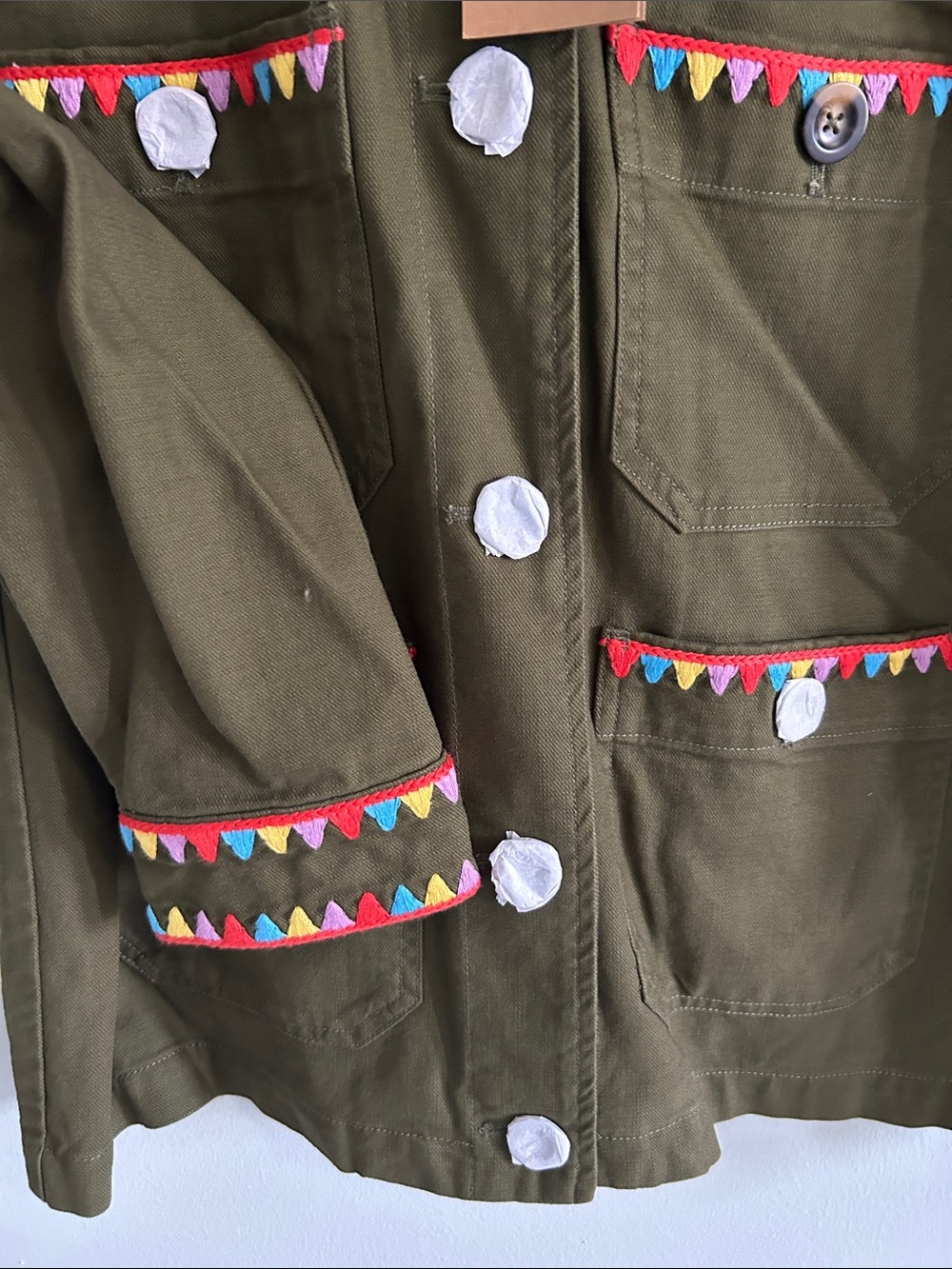 Boden Olive Green Utility Jacket with Colorful Embroidered Trim - Picture 5 of 9